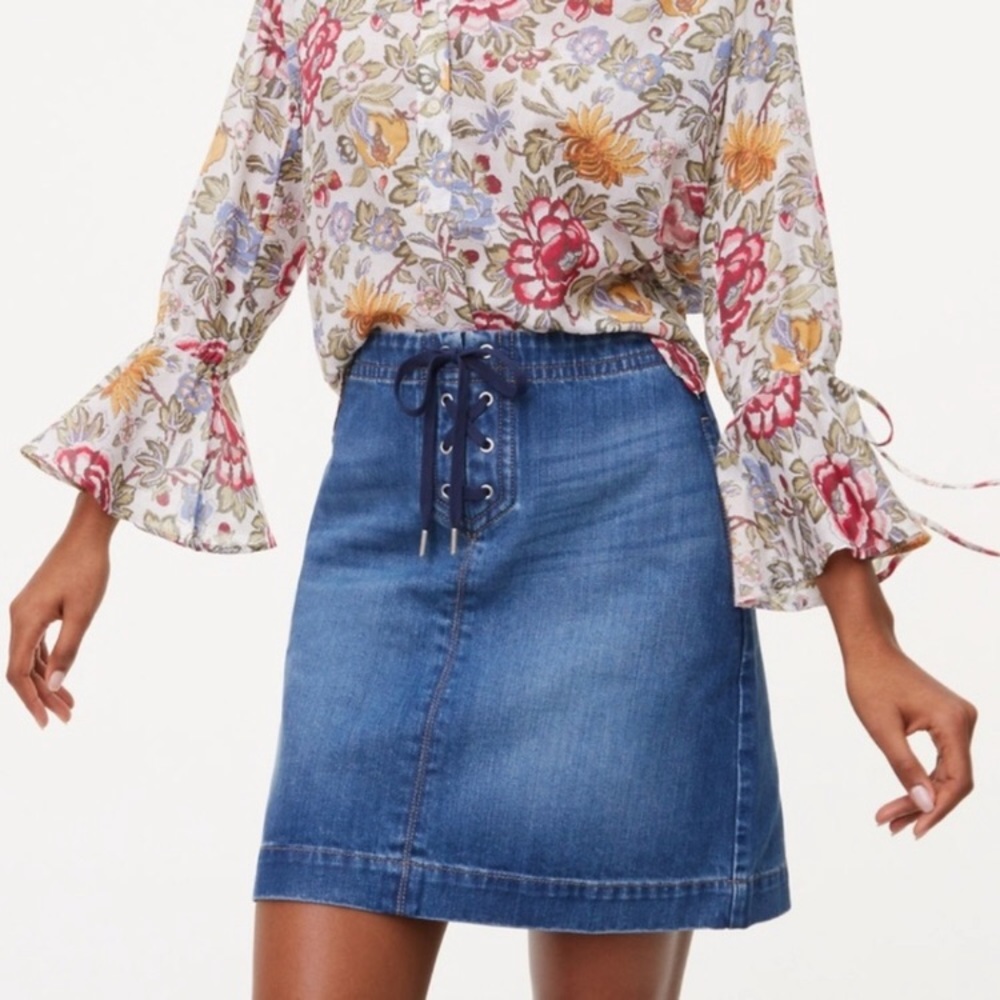 Ann Taylor Loft Lace Tie Up Denim Jean Skirt